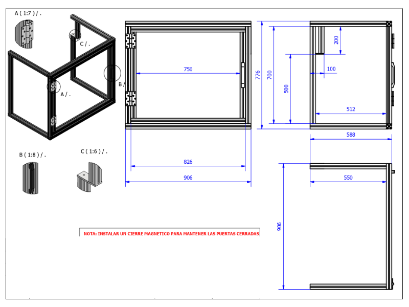 Plano CAD de cerramiento compacto con puerta abatible