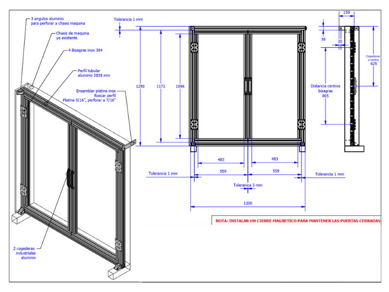 Plano CAD de guarda frontal con puertas dobles y detalles de fabricación