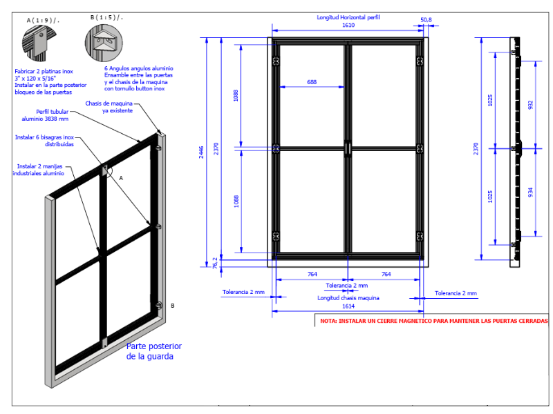 Plano CAD de puerta posterior de guarda con vistas y dimensiones