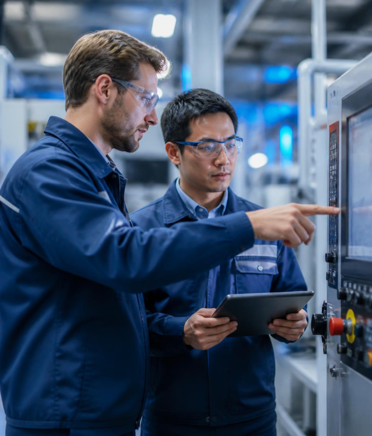 Ingenieros de Electric Service revisando un panel de control en planta industrial