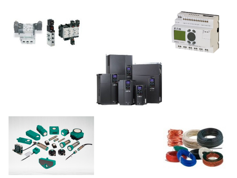 Electroválvulas, controlador lógico, variadores de velocidad, sensores y cableado industrial